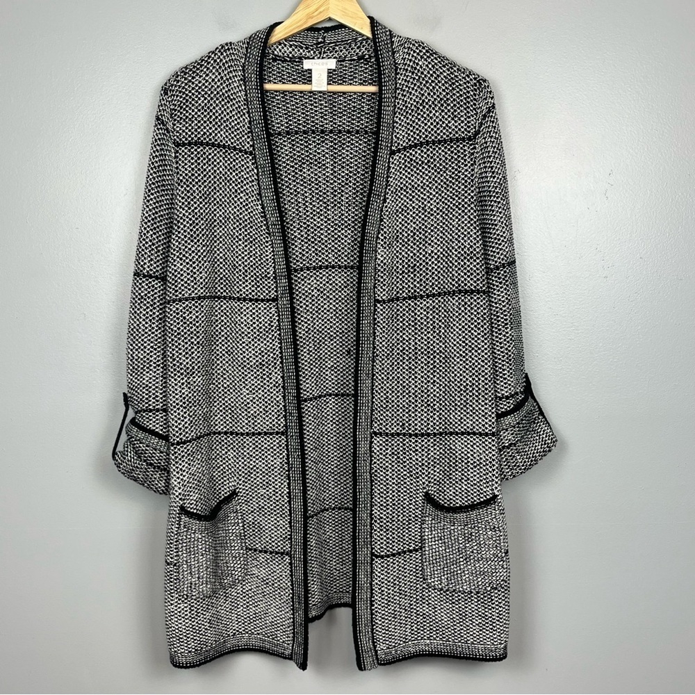 Chico’s black white chunky knit rolltab sleeve open front cardigan, large.